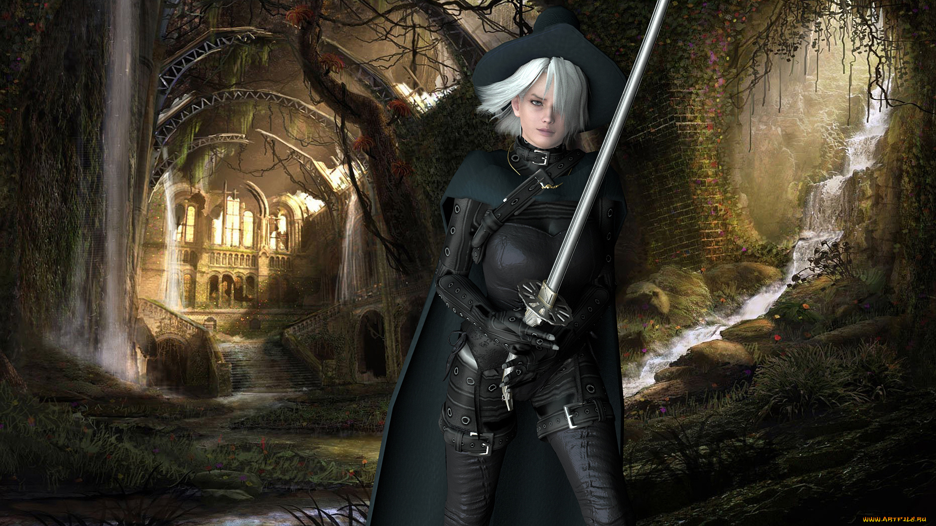 3д, графика, фантазия, , fantasy, меч, девушка, шляпа, блондинка, фон, взгляд