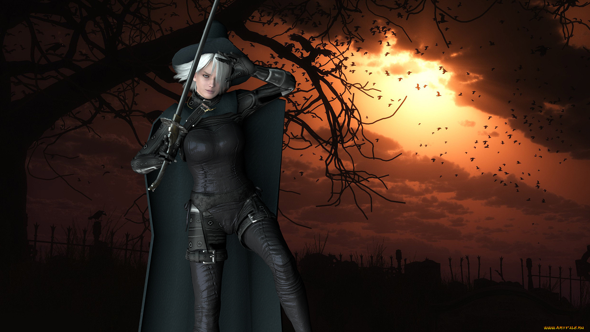 3д, графика, фантазия, , fantasy, меч, шляпа, блондинка, фон, взгляд, девушка, закат