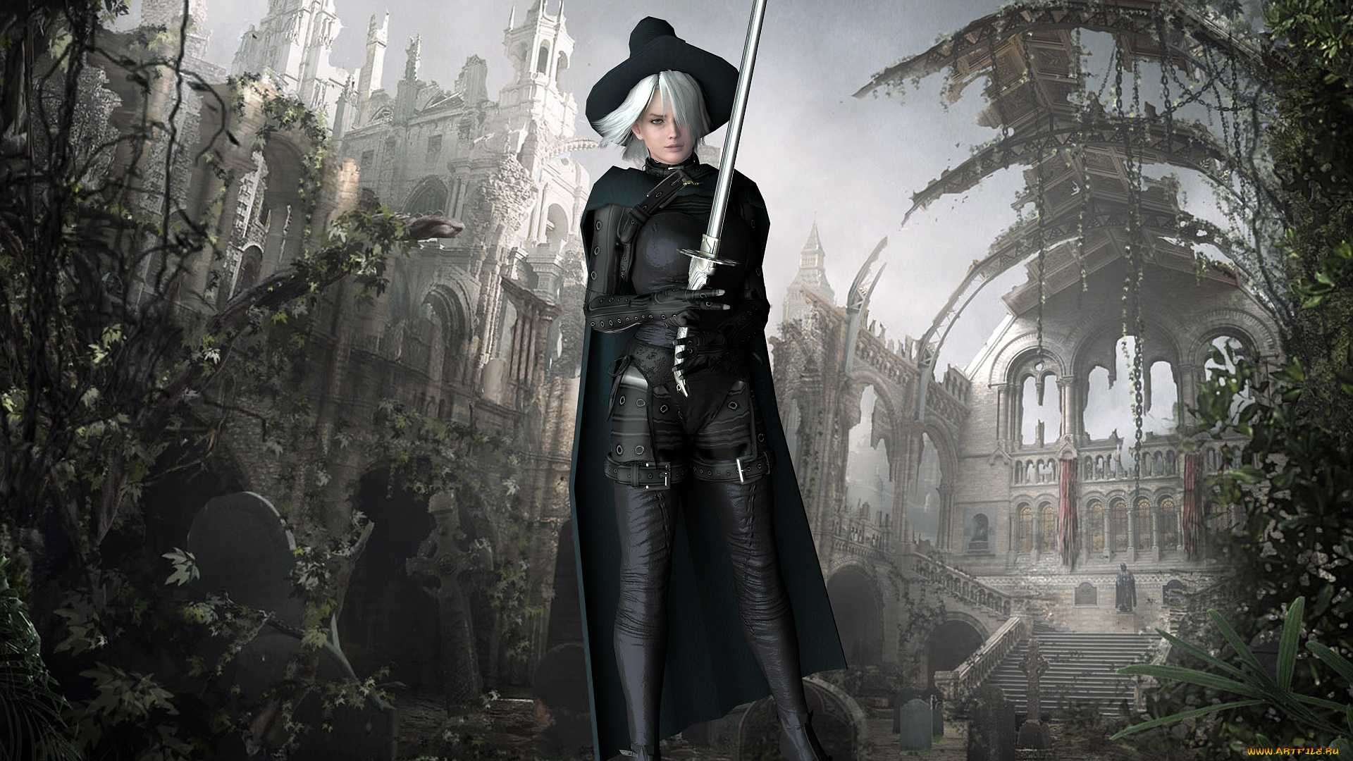 3д, графика, фантазия, , fantasy, шляпа, меч, фон, блондинка, взгляд, девушка