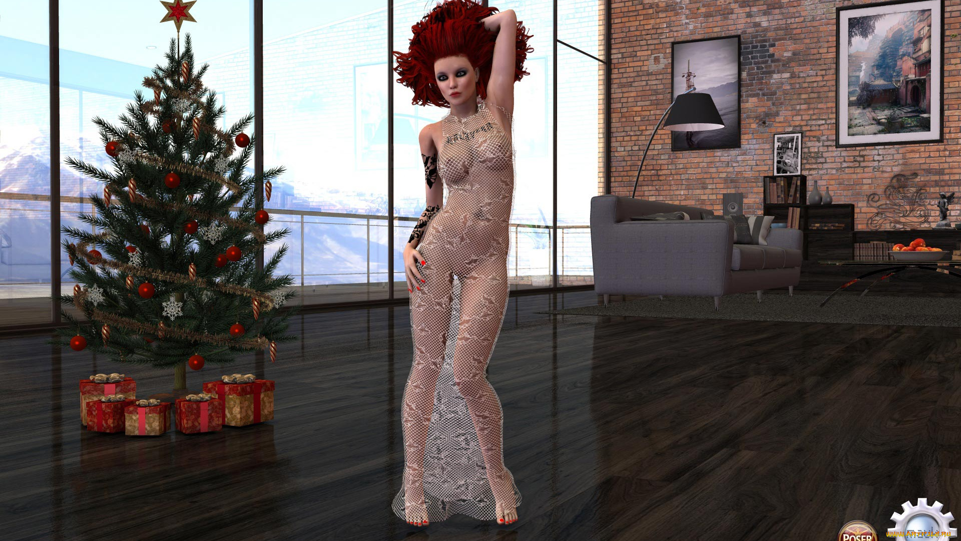 3д, графика, праздники, , holidays, рыжая, елка, фон, взгляд, девушка, картины, комната