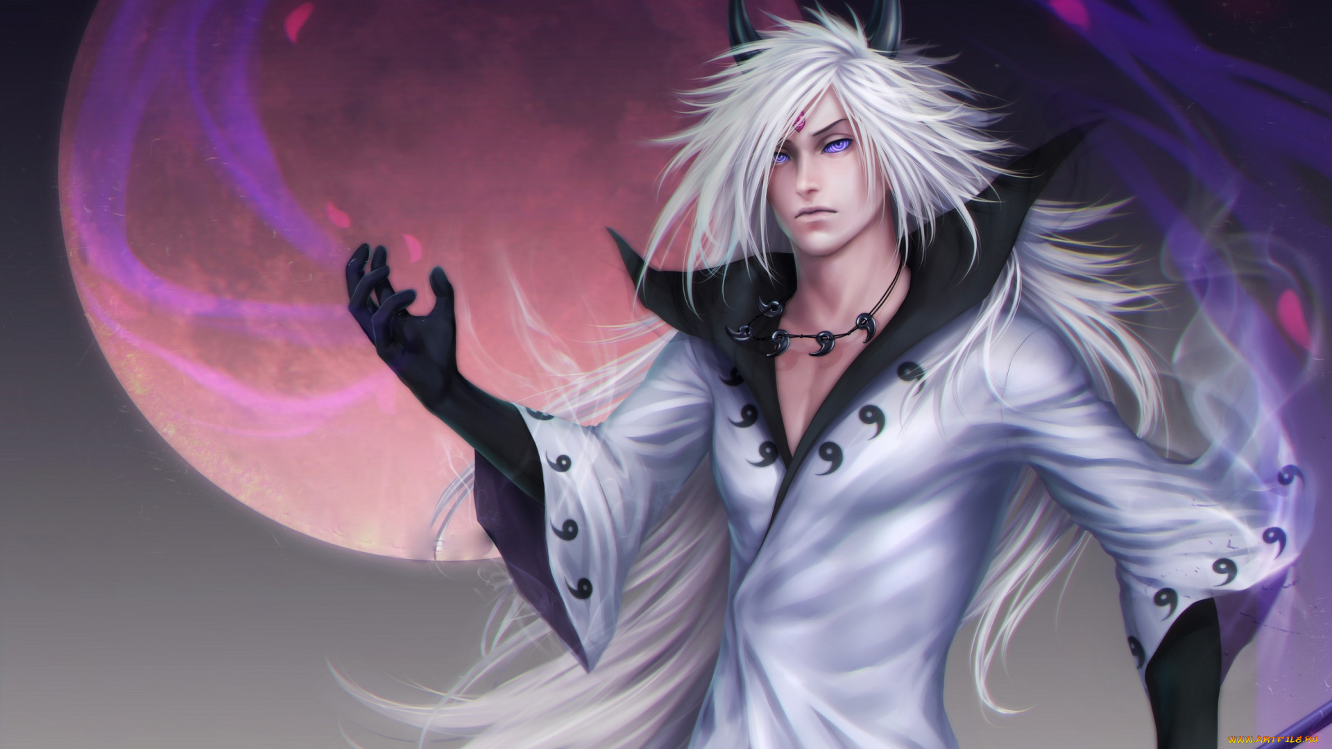 фэнтези, существа, посох, мудрец, мадара, учиха, парень, арт, луна, небо, взгляд