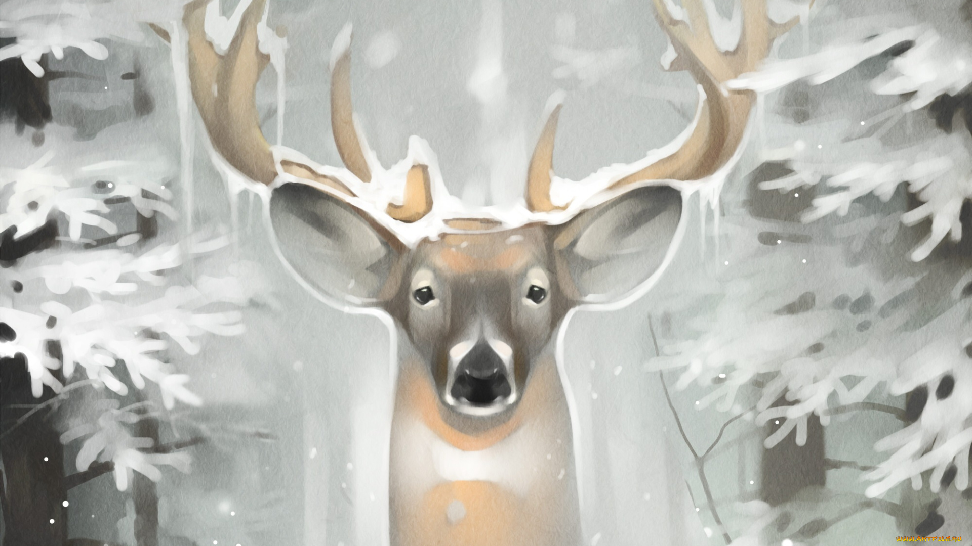 gaudibuendia, рисованное, животные, , олени, рога, взгляд, олень, снег, зима, ели, лес
