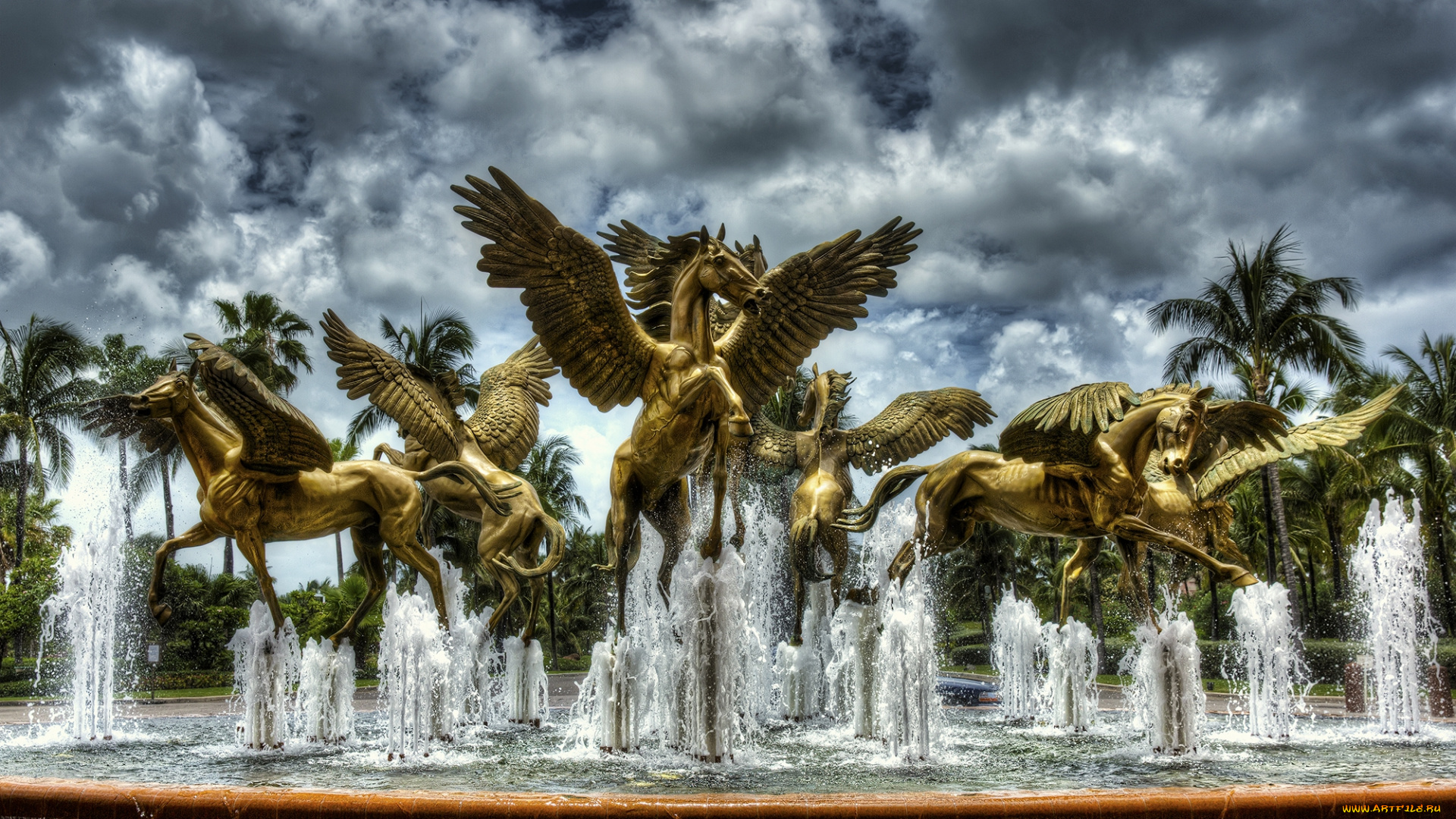 golden, horses, города, -, фонтаны, фонтан, статуи