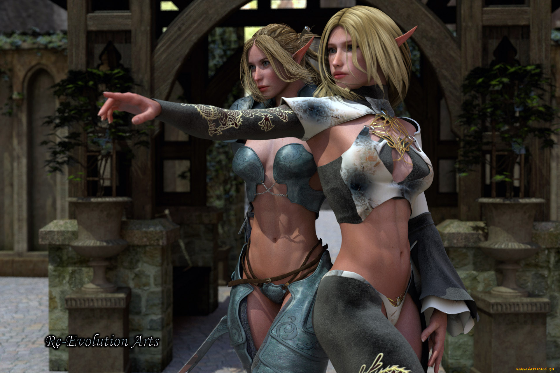 3д, графика, эльфы, , elves, жест, фон, взгляд, эльфийки