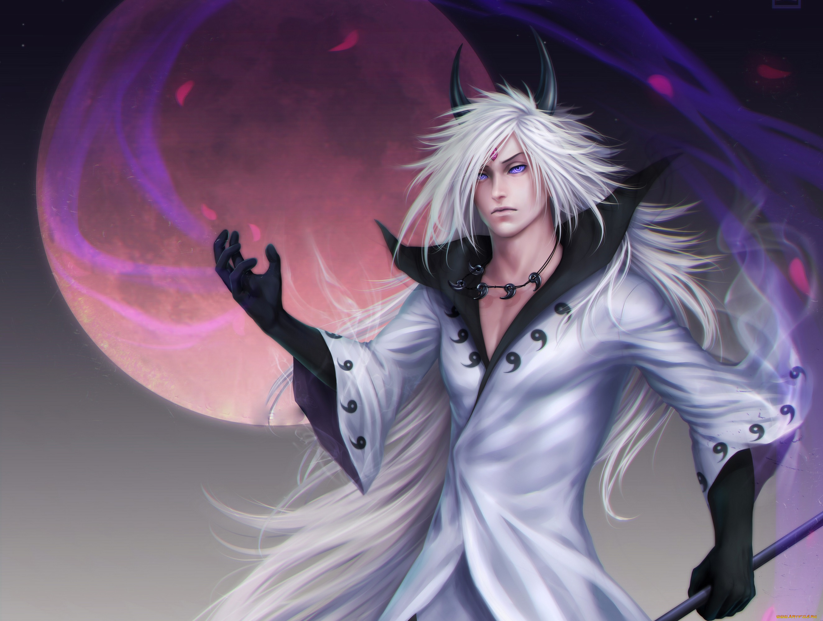 фэнтези, существа, посох, мудрец, мадара, учиха, парень, арт, луна, небо, взгляд