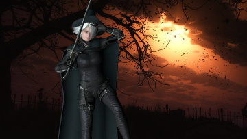 Картинка 3д+графика фантазия+ fantasy меч шляпа блондинка фон взгляд девушка закат