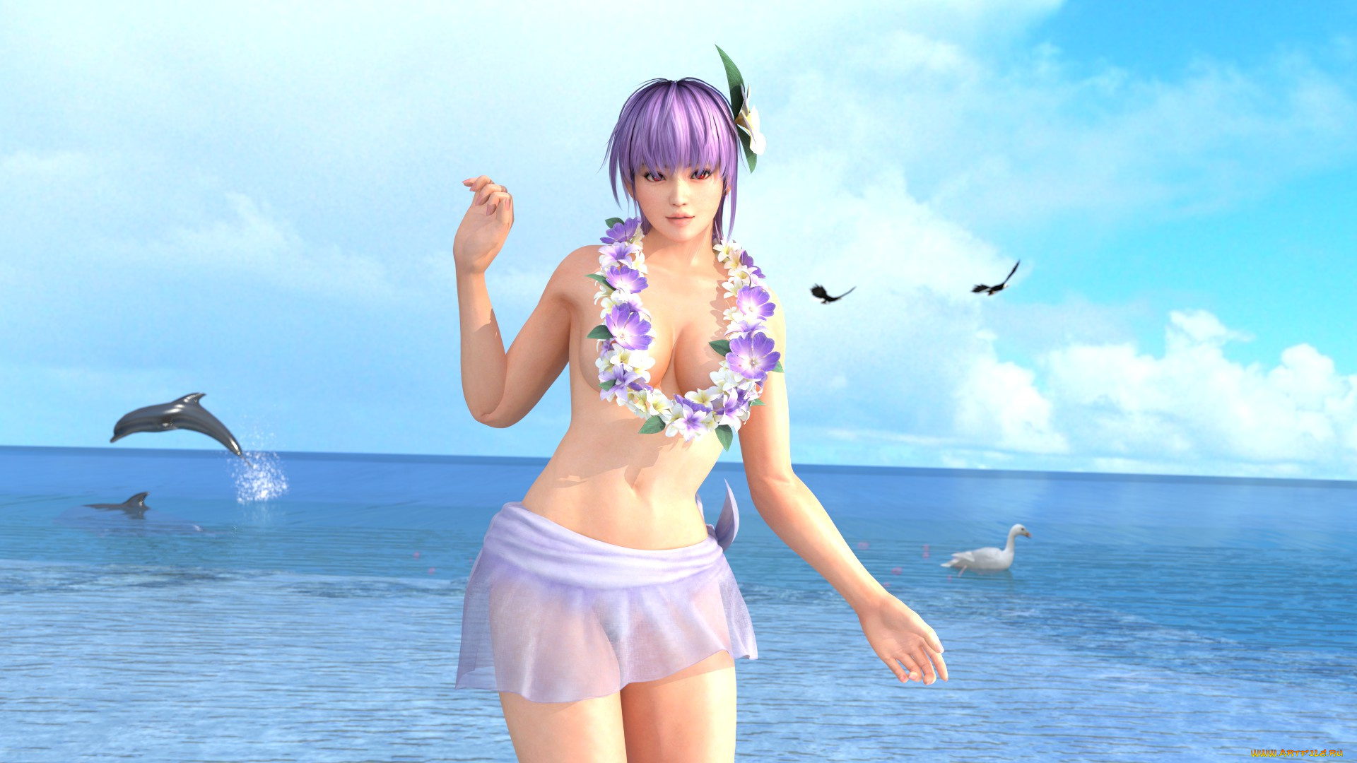 3д, графика, аниме, , anime, фон, море, девушка, взгляд