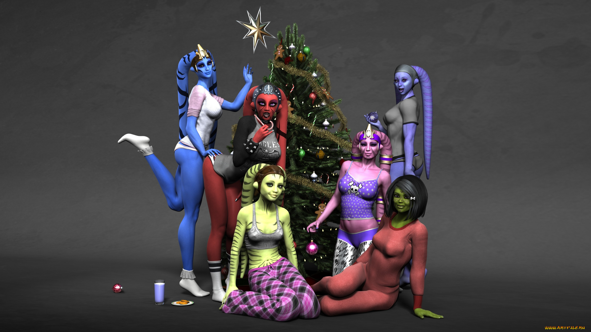 3д, графика, существа, , creatures, взгляд, халки, фон, елка