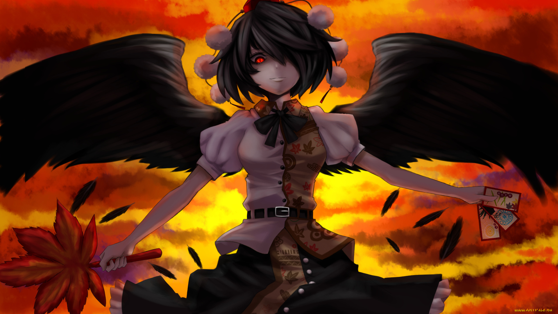 аниме, touhou, merutoreimu, арт, девушка, shameimaru, aya, крылья, помпоны, лист, глаз, перья