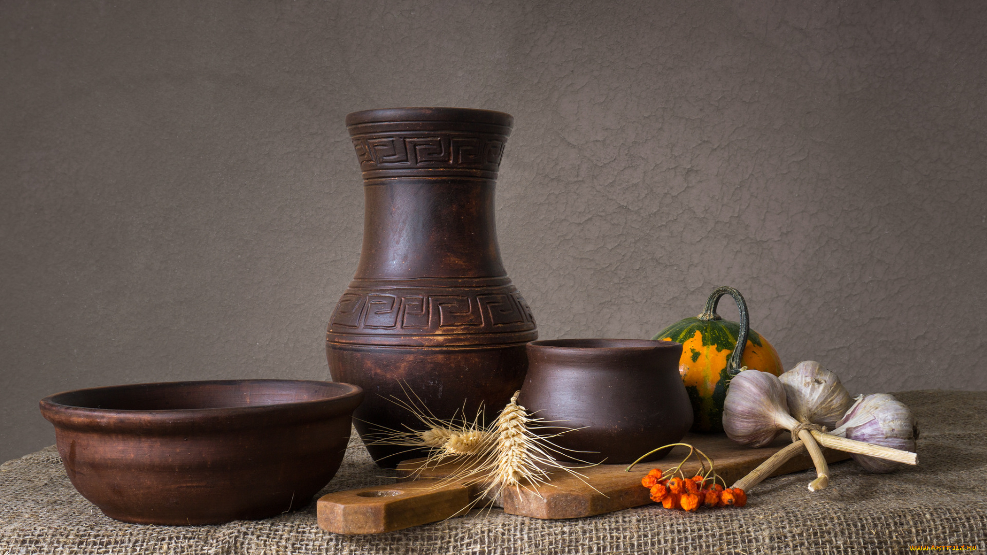 еда, натюрморт, чеснок, тыква, кувшин, ягоды