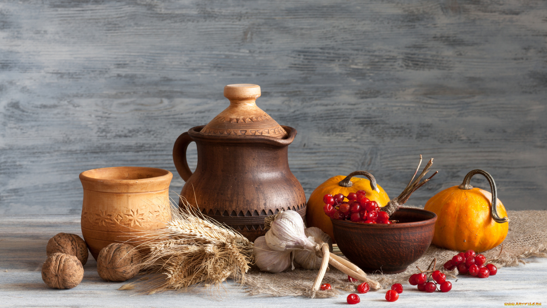 еда, натюрморт, тыква, кувшин, ягоды, чеснок