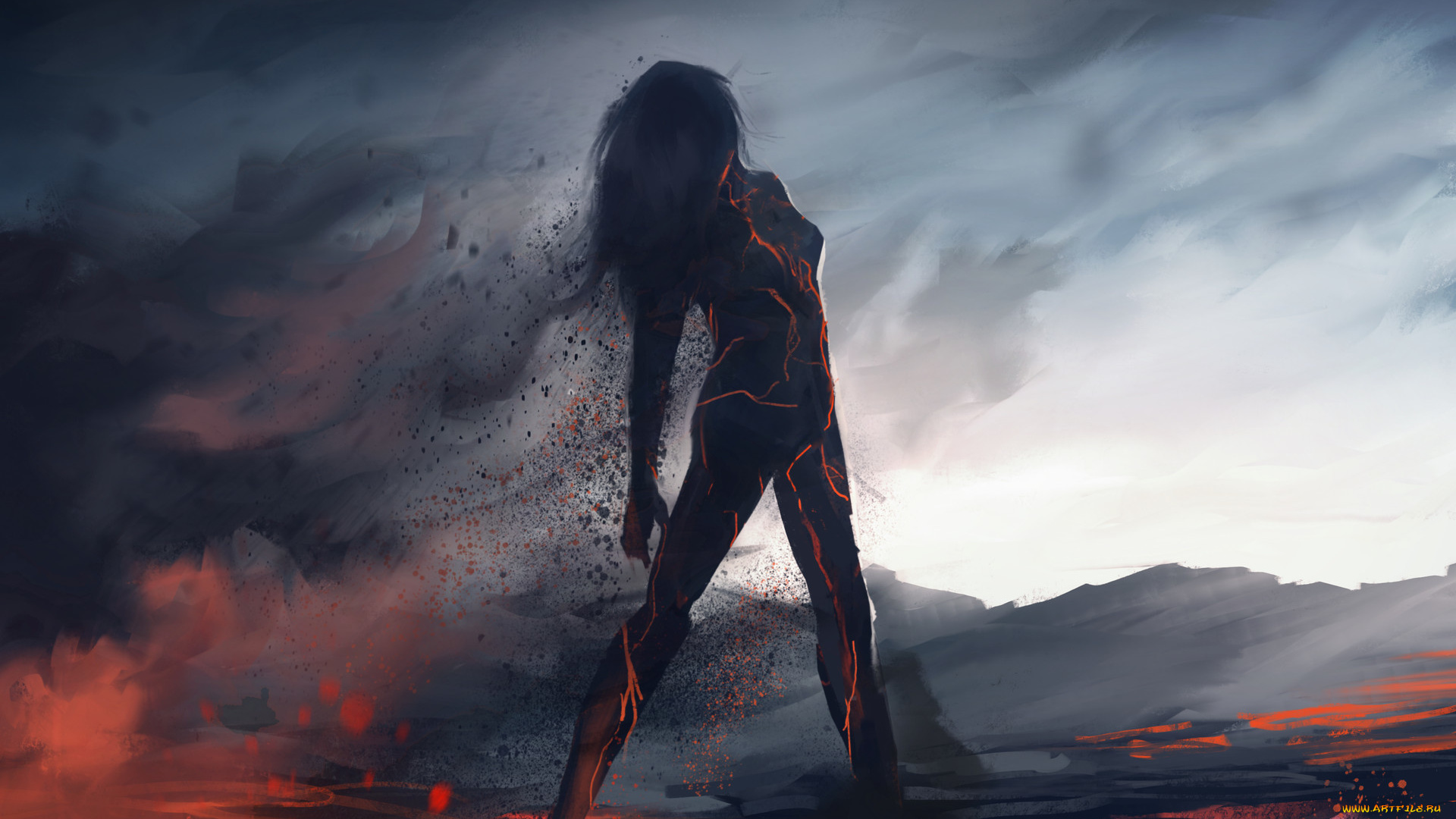 фэнтези, существа, лава, силуэт, девушка, арт, дым, пепел, фантастика