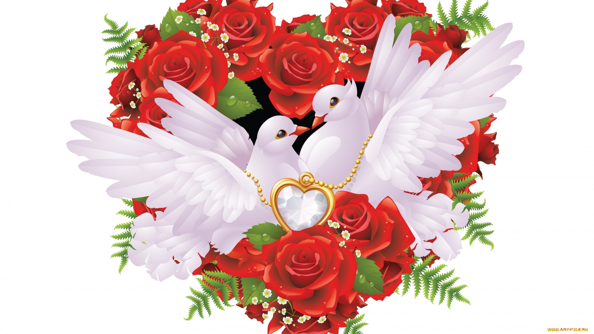 векторная, графика, животные, , animals, голуби, цветы