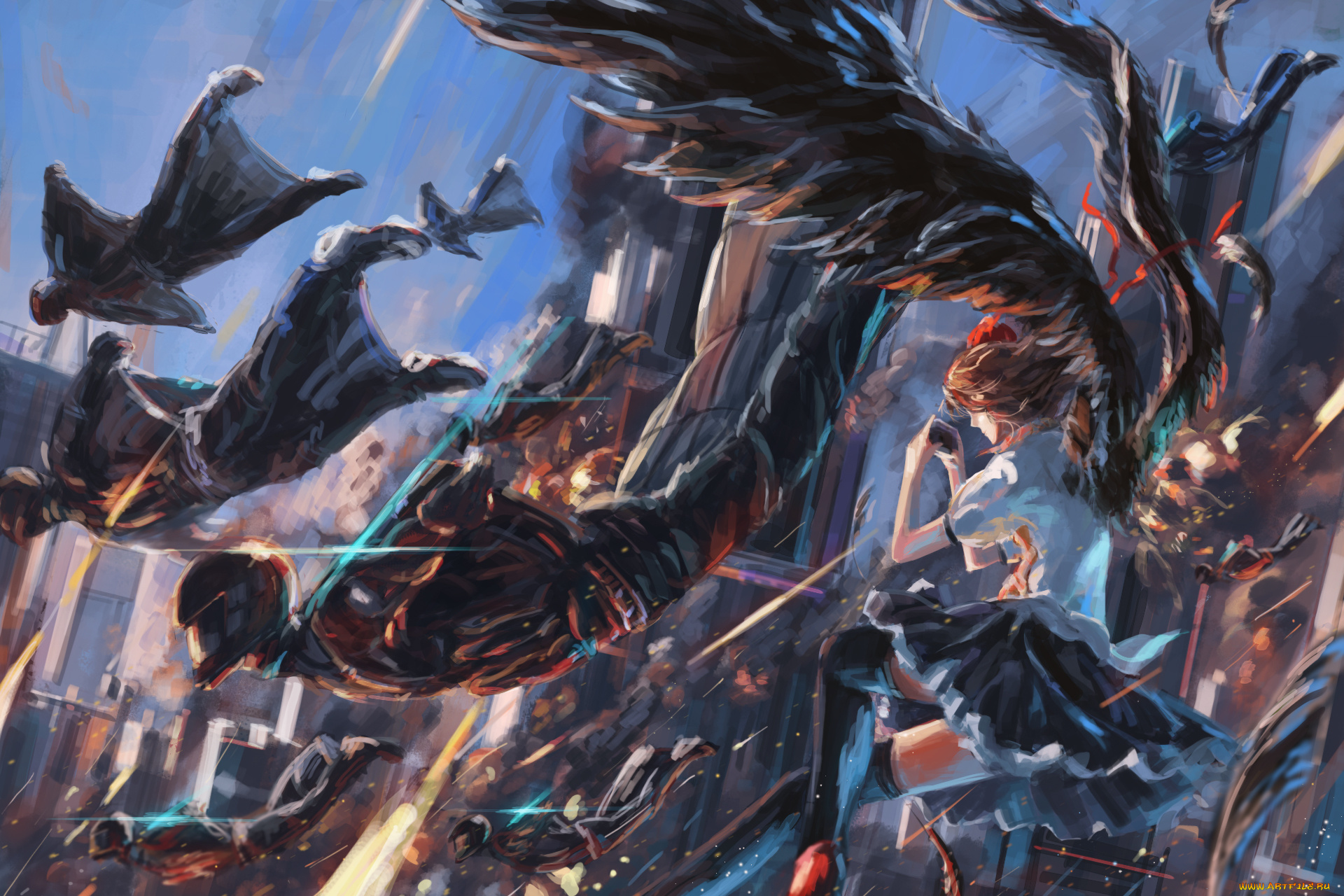 аниме, touhou, девушка, shameimaru, aya, song, ren, арт, крылья, воины, битва