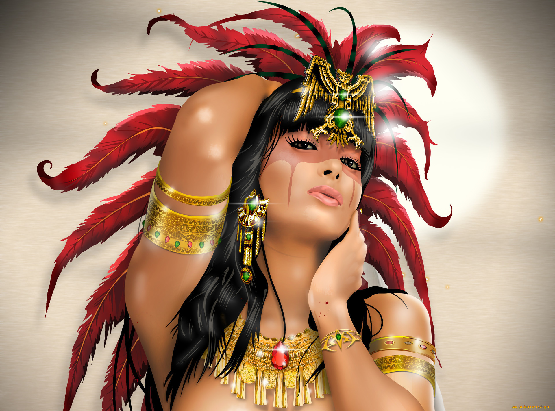 фэнтези, девушки, перья, макияж, украшения, девушка