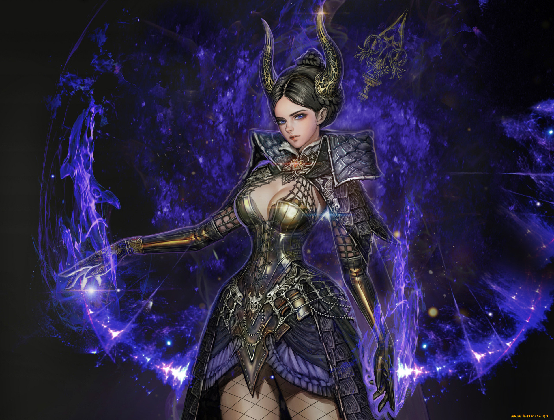 фэнтези, магия, youngmin, suh, взгляд, девушка, арт, эротика, узоры, рога