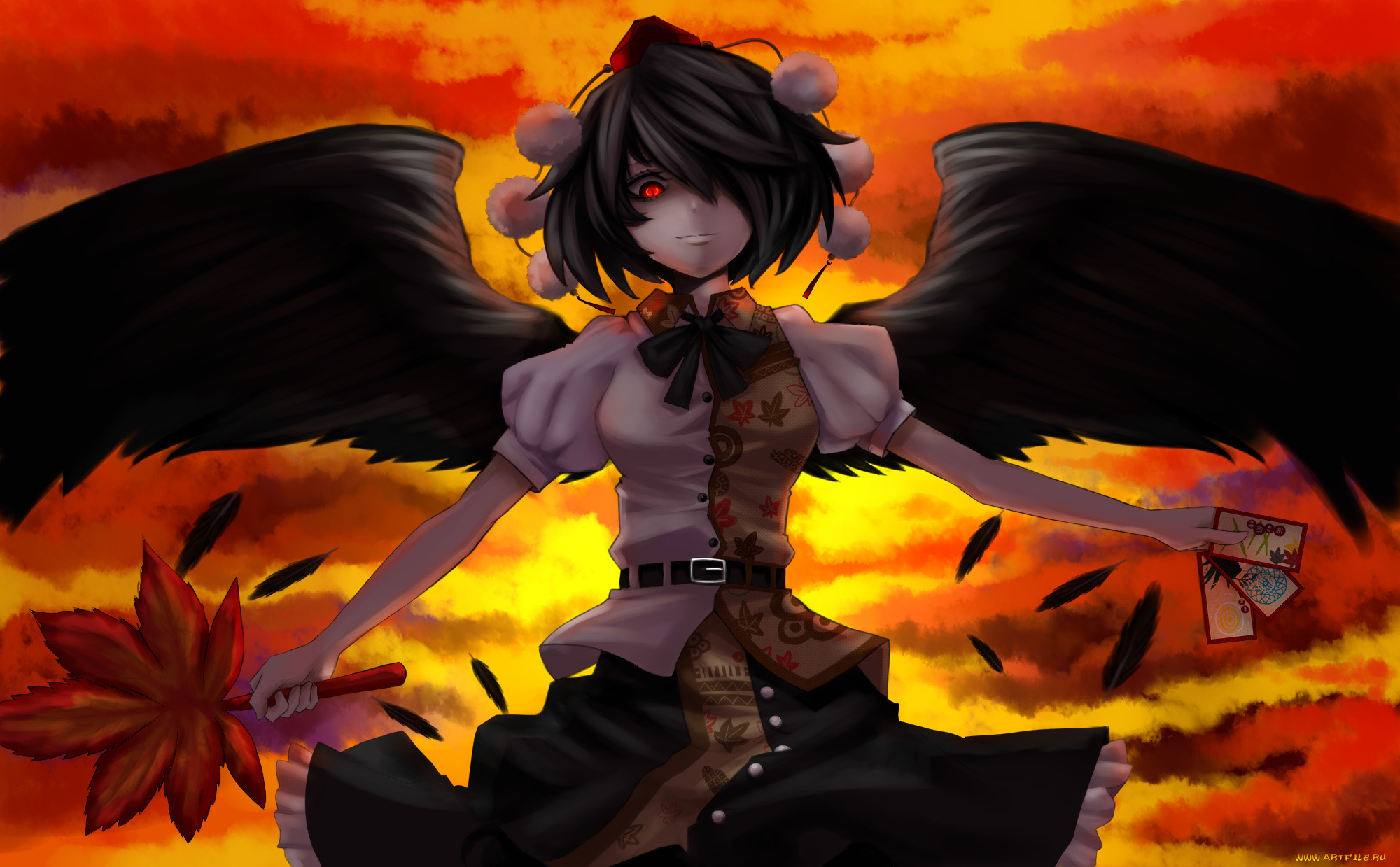 аниме, touhou, merutoreimu, арт, девушка, shameimaru, aya, крылья, помпоны, лист, глаз, перья