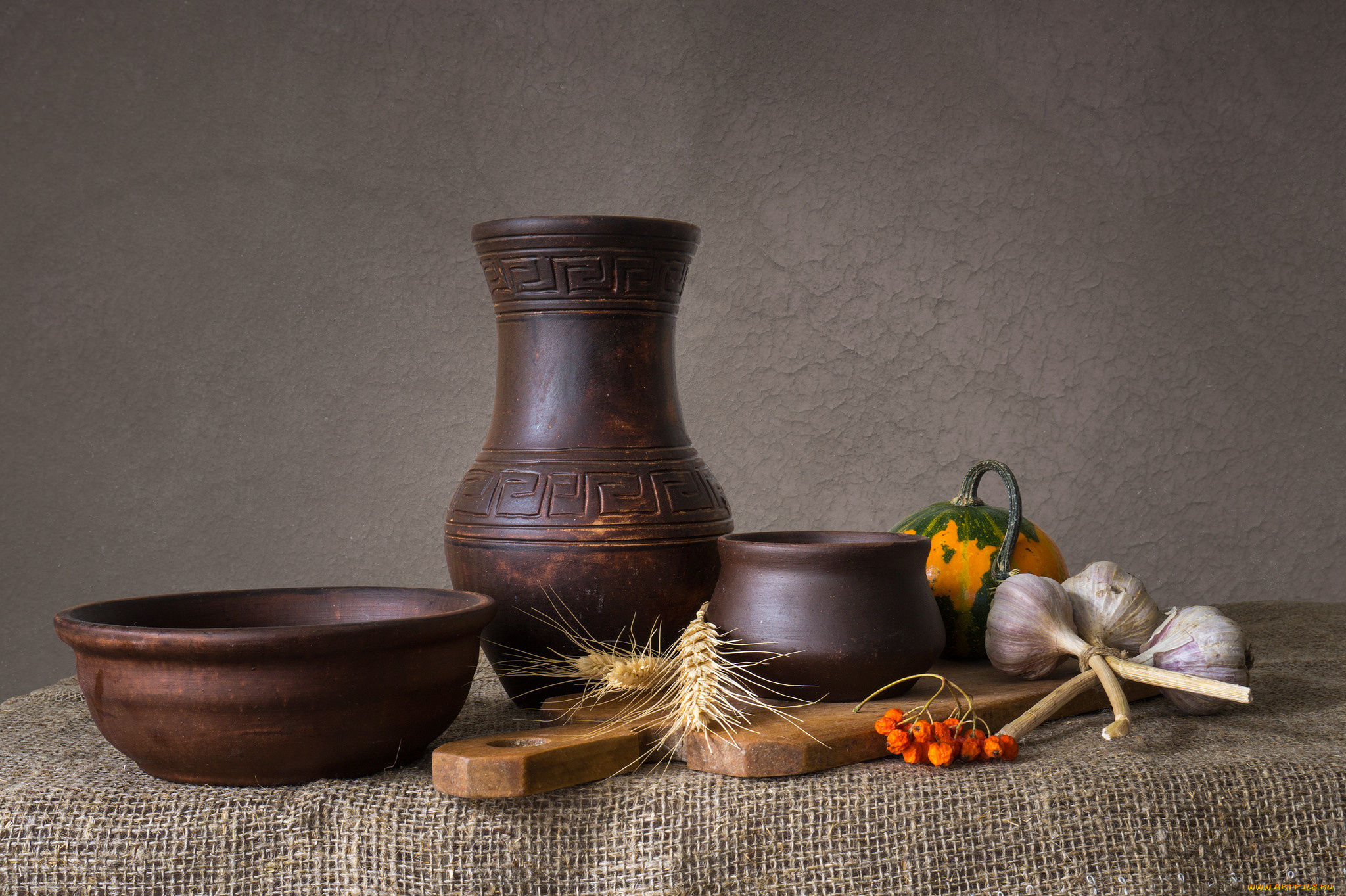 еда, натюрморт, чеснок, тыква, кувшин, ягоды