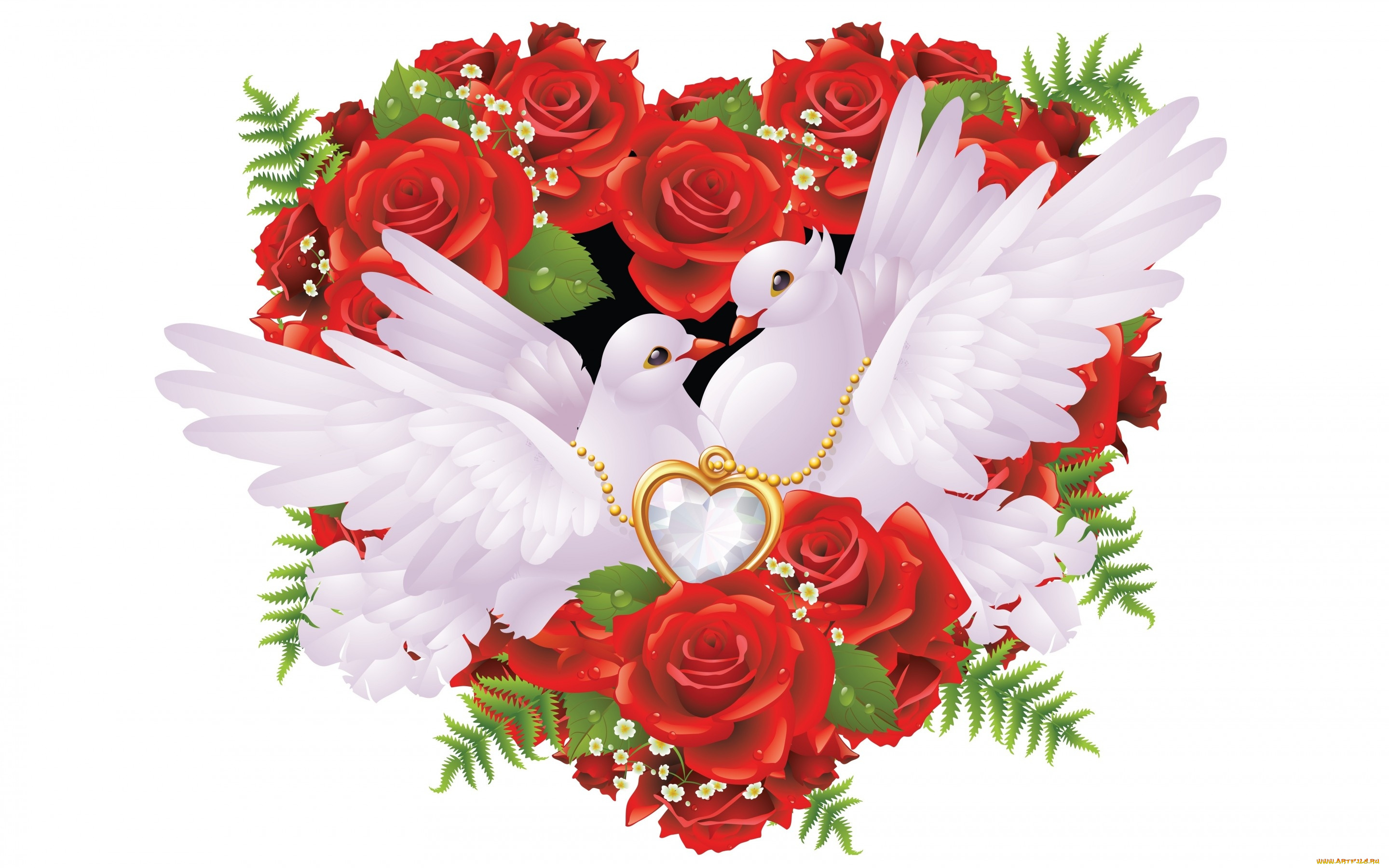 векторная, графика, животные, , animals, голуби, цветы