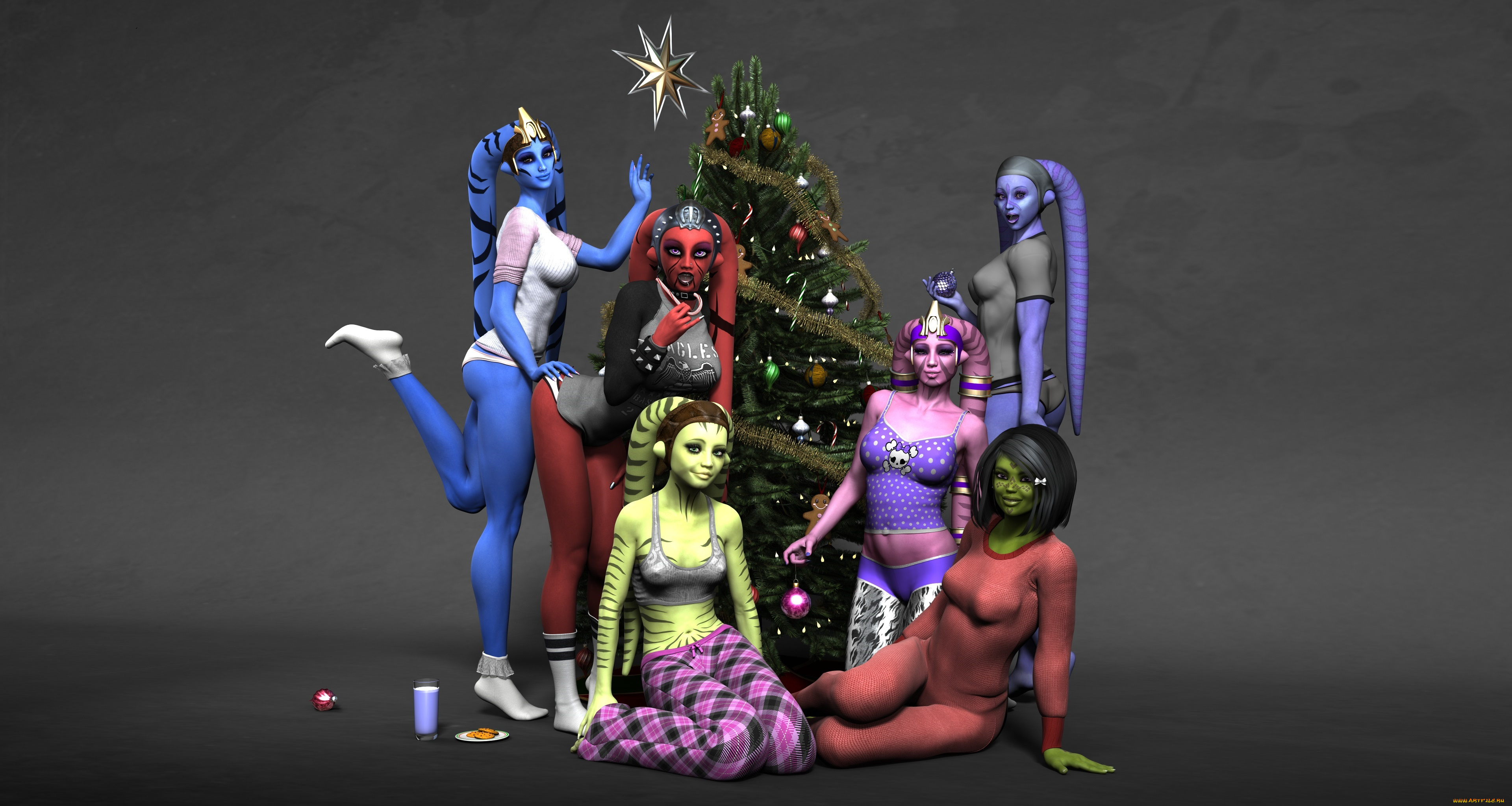 3д, графика, существа, , creatures, взгляд, халки, фон, елка