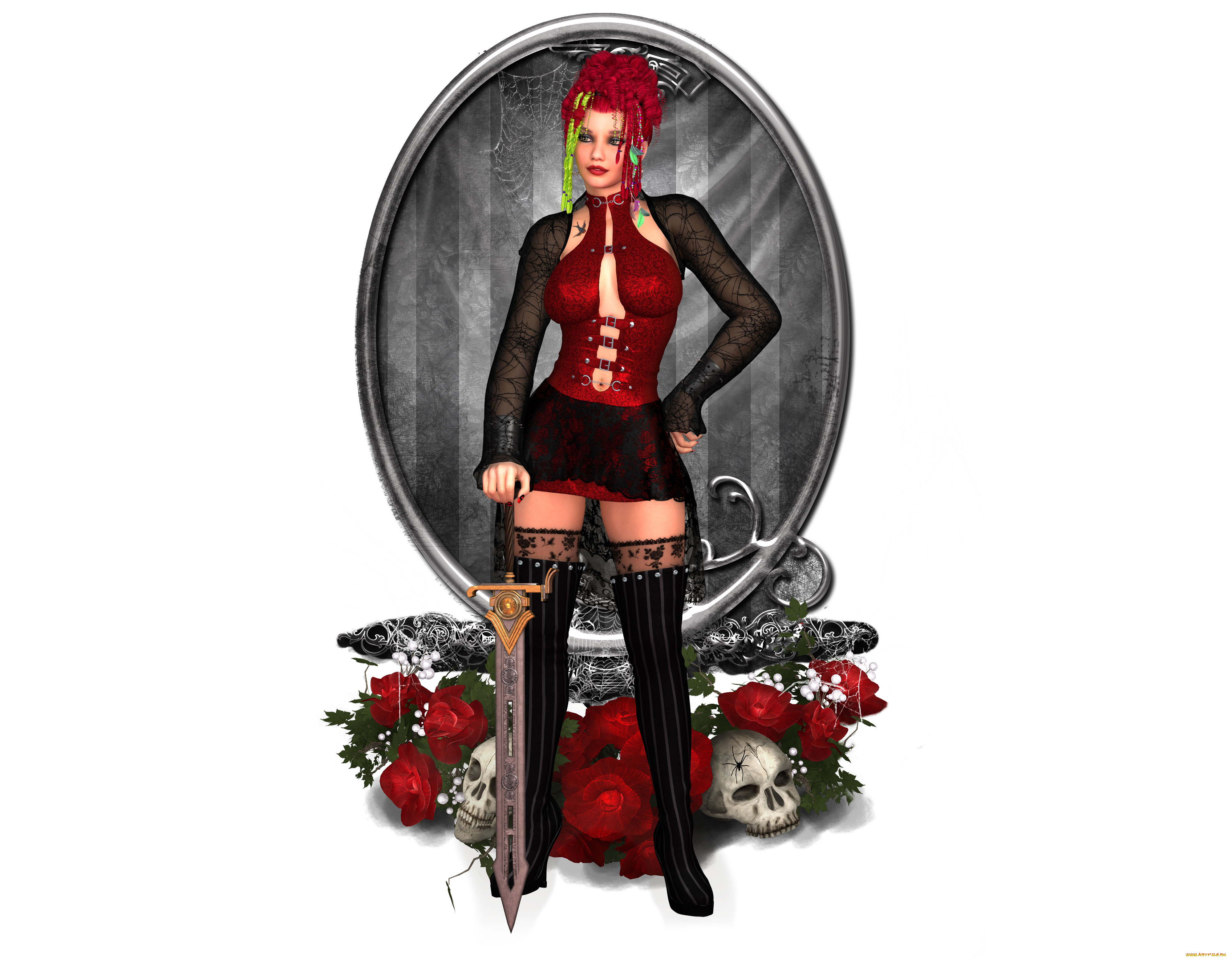 3д, графика, амазонки, , amazon, причёчка, роза, меч, фон, девушка