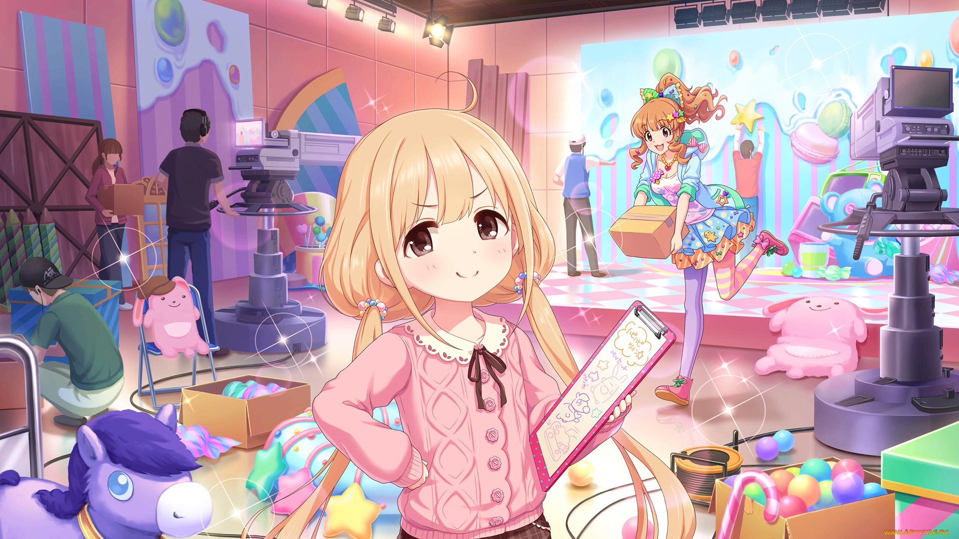 аниме, idolm@ster, взгляд, девушки, фон