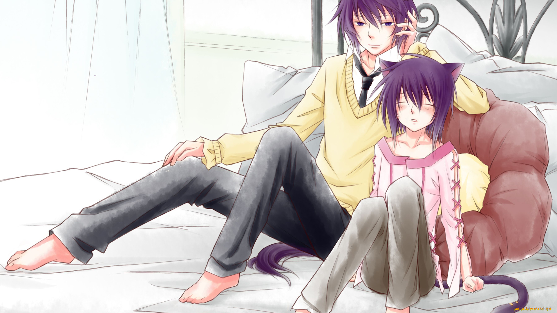 аниме, loveless, уши, хвост, подушки, кровать, ритцка, возлюбленный, братья, сеймэй, парни, нелюбимый