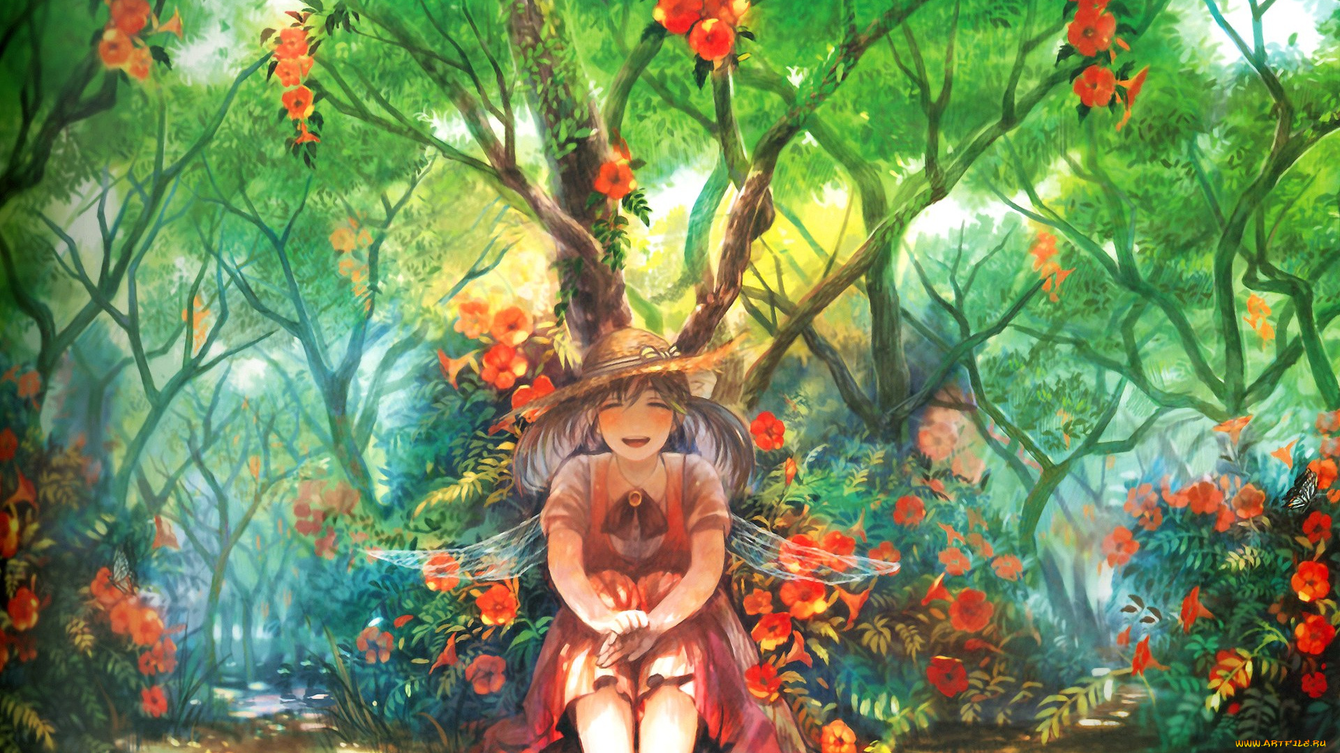 аниме, pixiv, fantasia, цветы, лес, радость, крылья, шляпа, девочка