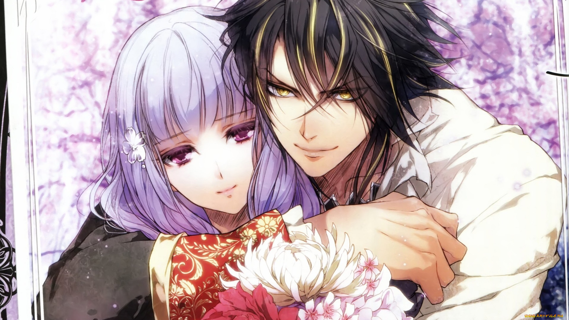 аниме, reine, des, fleurs, девушка, парень