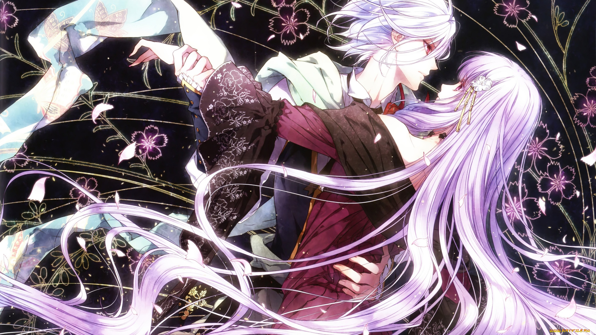 аниме, reine, des, fleurs, парень, девушка