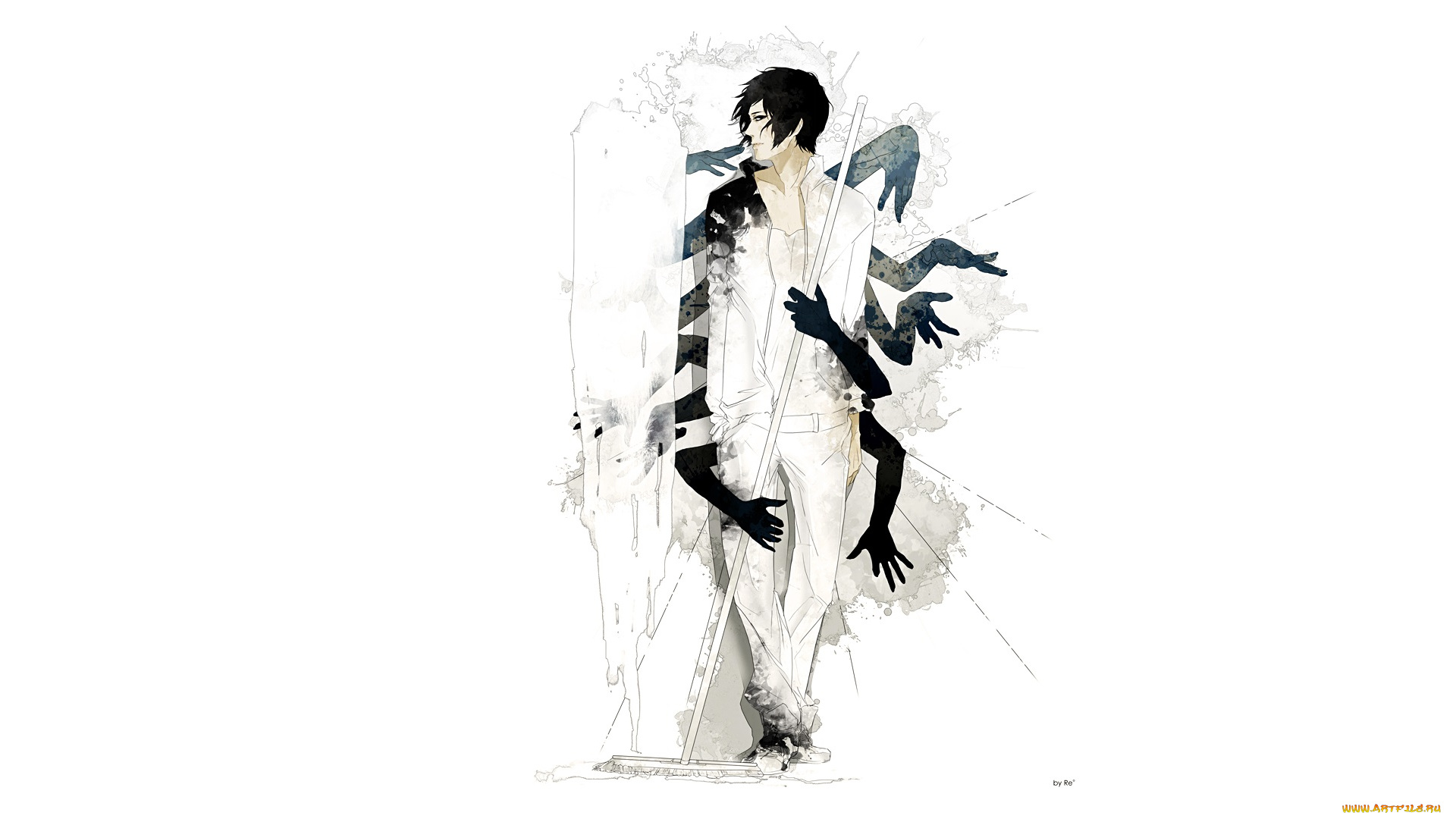 аниме, unknown, , другое, парень, швабра, руки