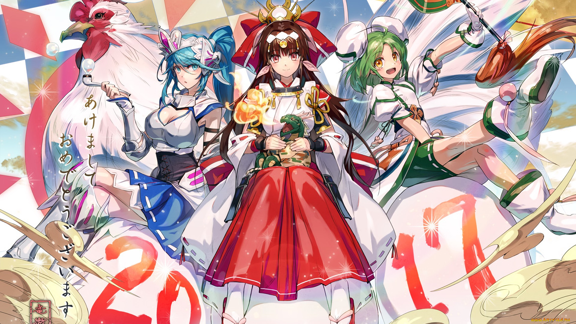 аниме, зима, , новый, год, , рождество, взгляд, фон, девушки