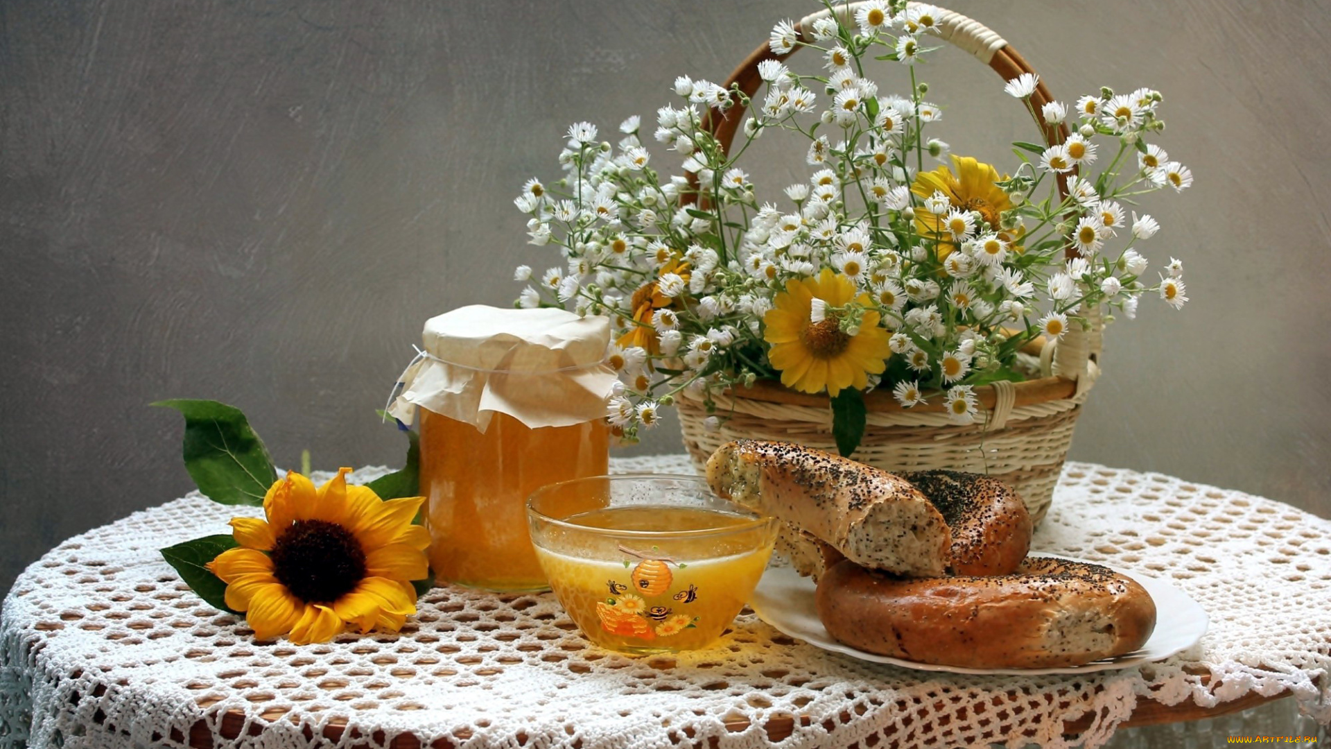 еда, натюрморт, цветы, корзинка, выпечка, мед, подсолнух