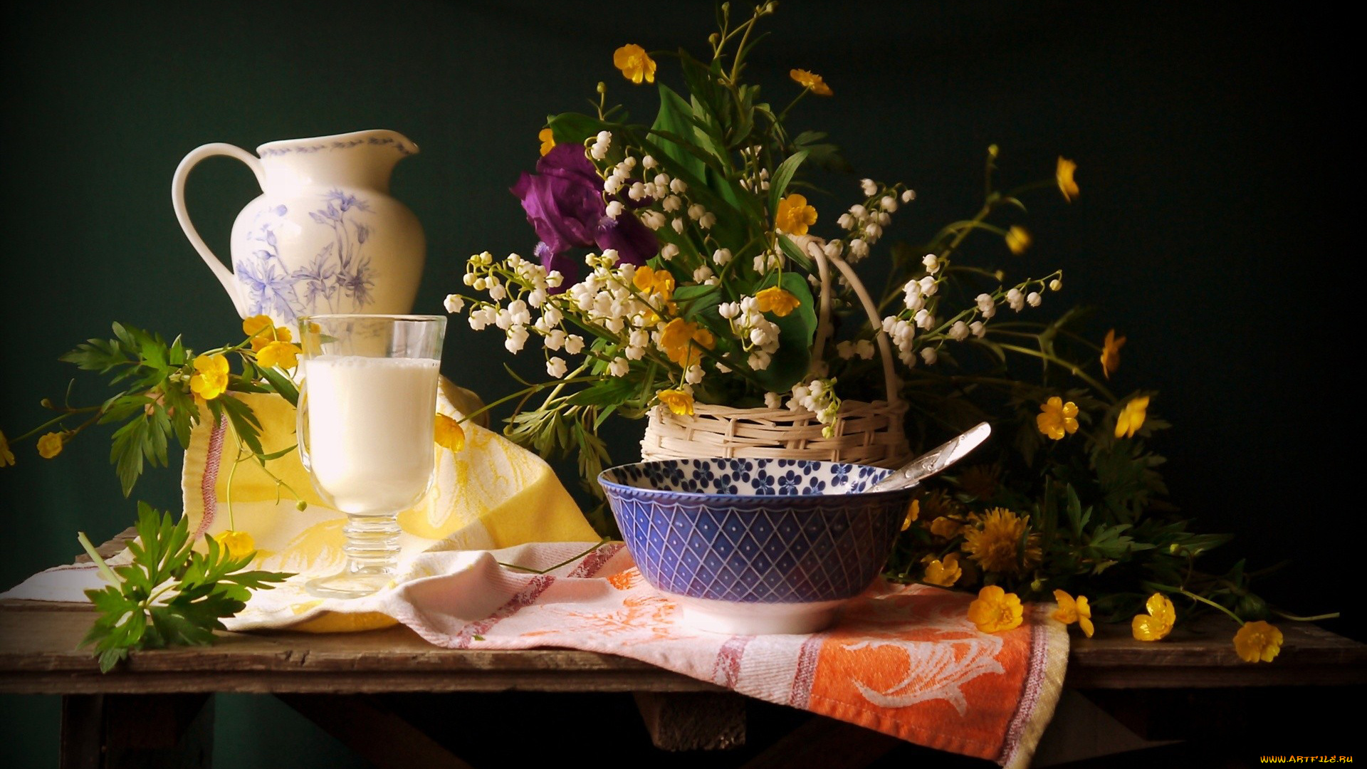 еда, натюрморт, кувшин, лютики, молоко, ландыши