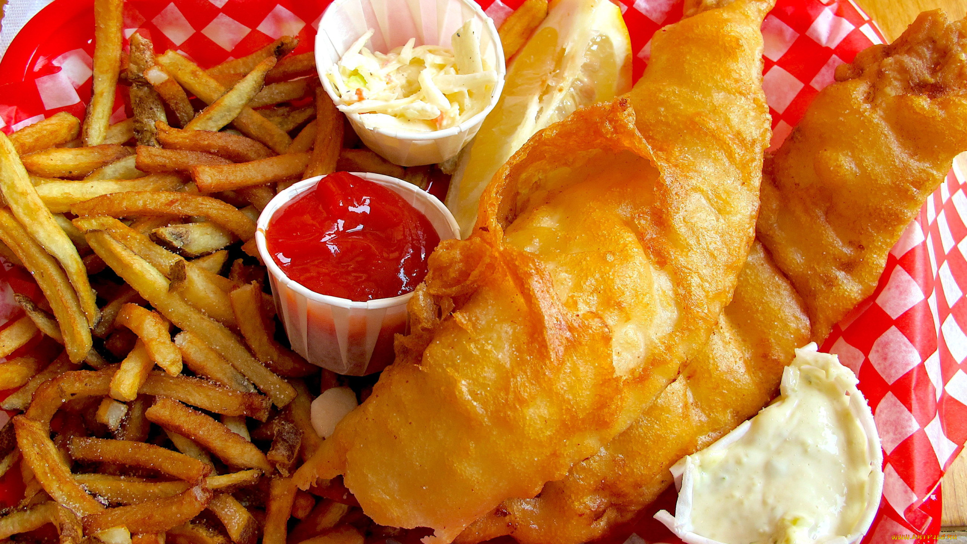 еда, рыбные, блюда, , с, морепродуктами, картофель, лимон, рыба, соус, кляр, фри