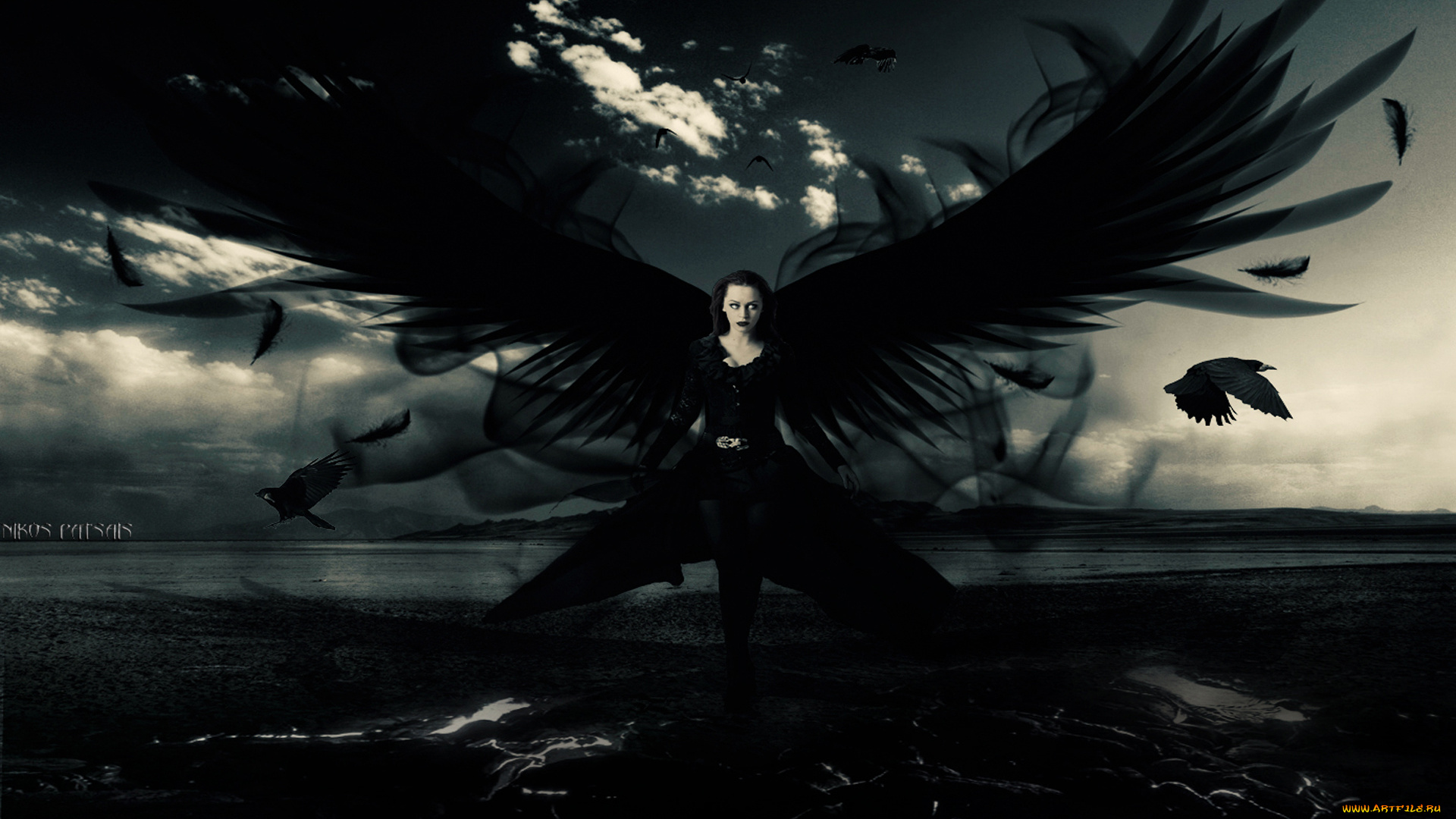 фэнтези, ангелы, девушка, крылья, вороны, озеро