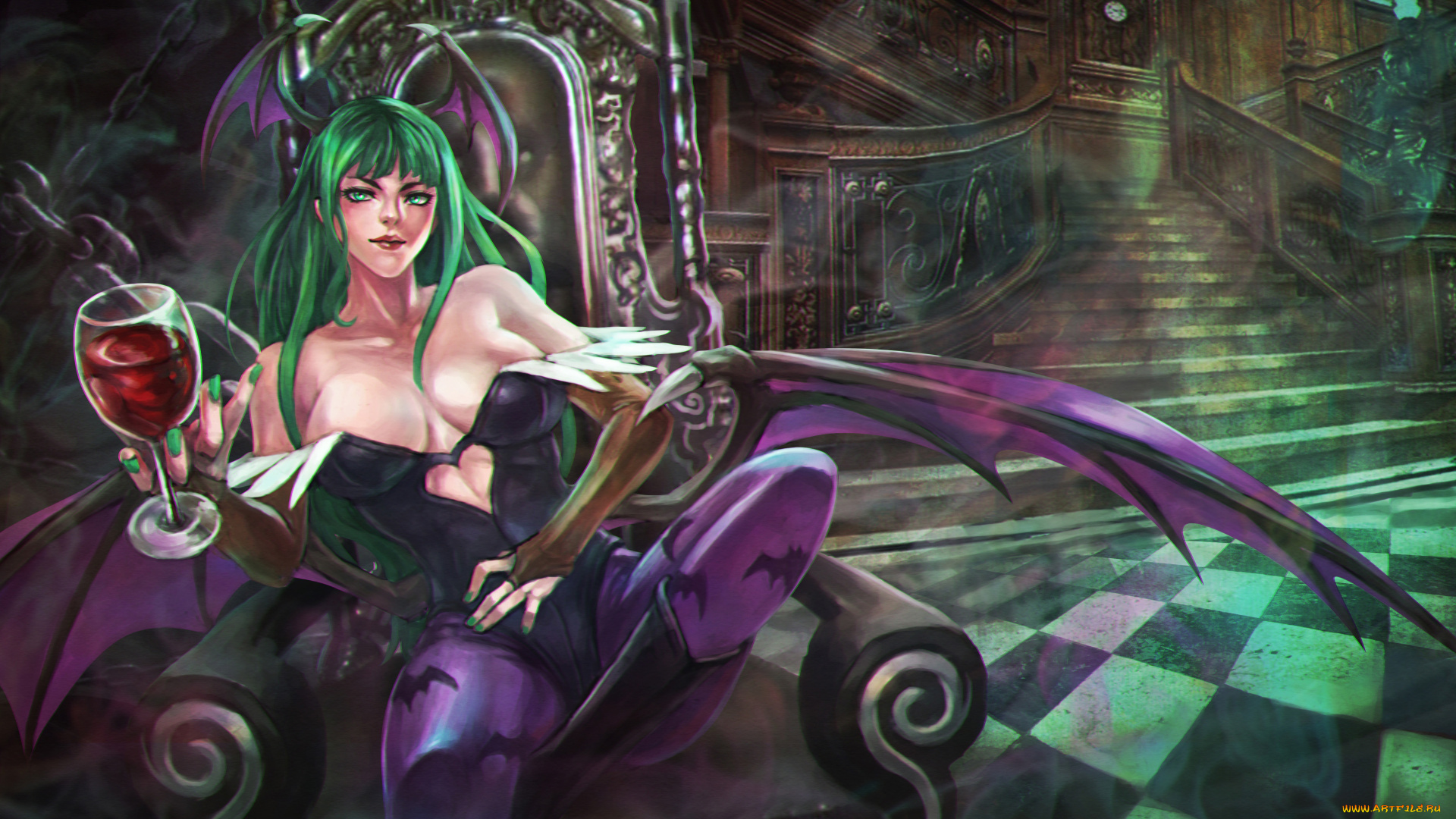 фэнтези, демоны, девушка, фон, существо, рога, крылья, бокал