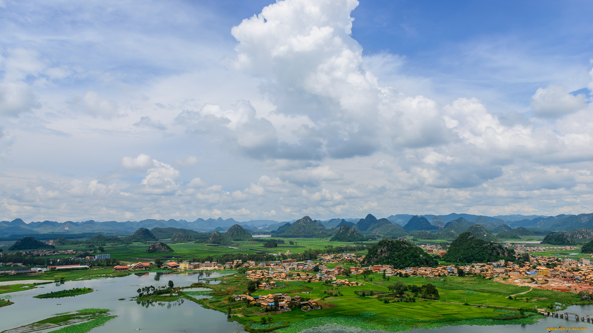 города, -, панорамы, дома, горы, река