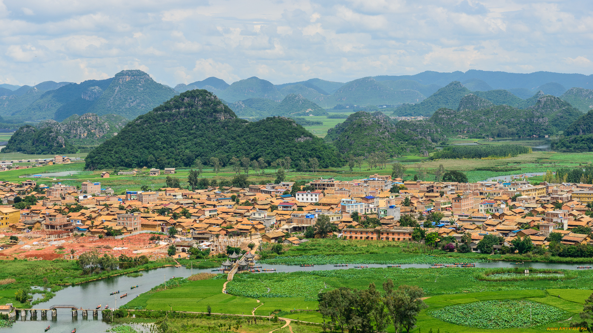 города, -, панорамы, дома, река, горы