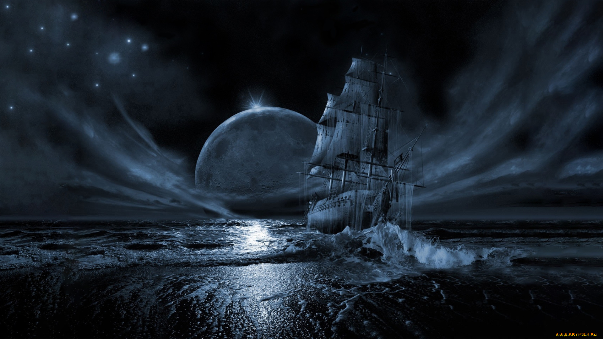 летучий, голландец, фэнтези, корабли, луна, ночь, море, корабль