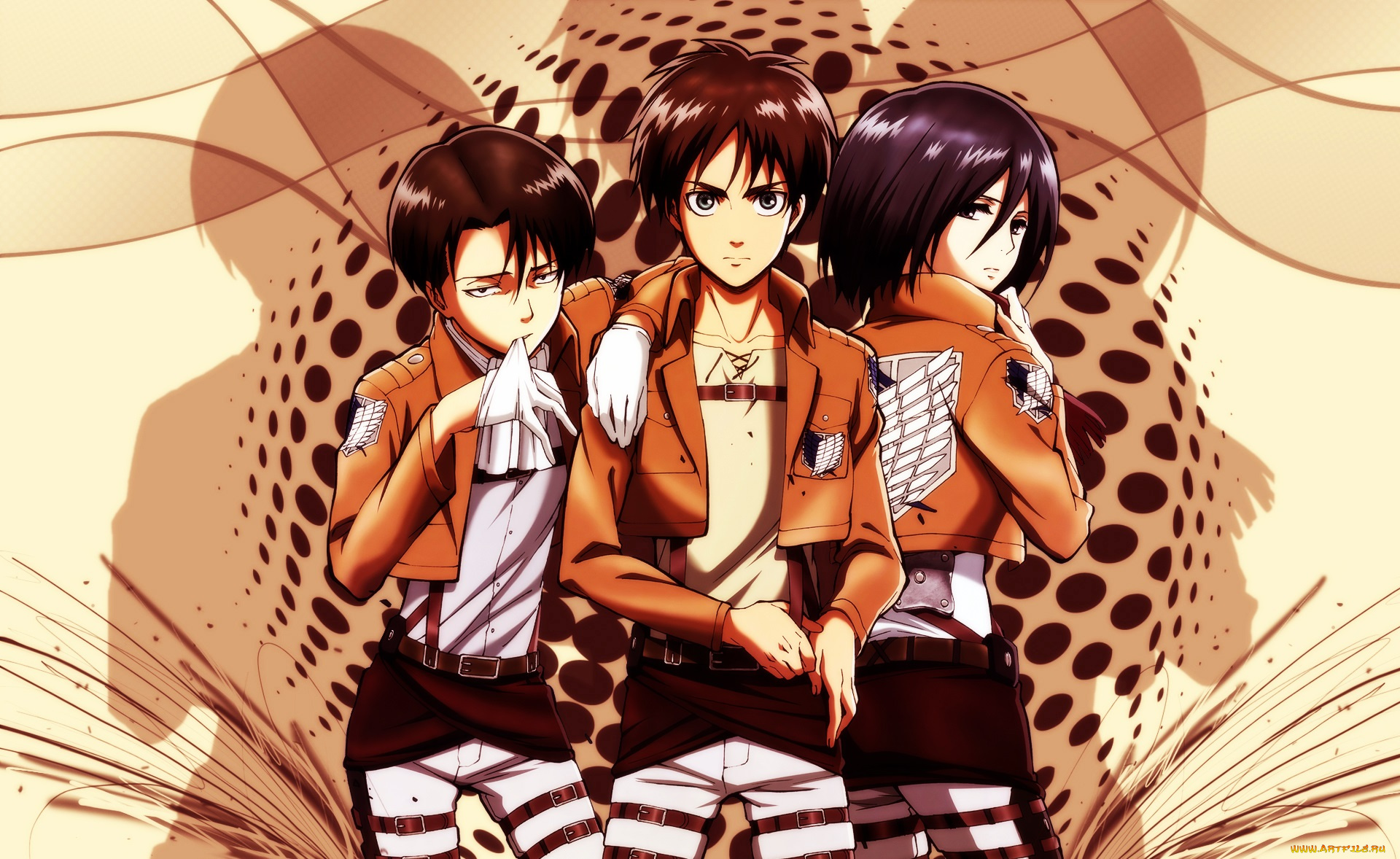 аниме, shingeki, no, kyojin, эрен, микаса, леви