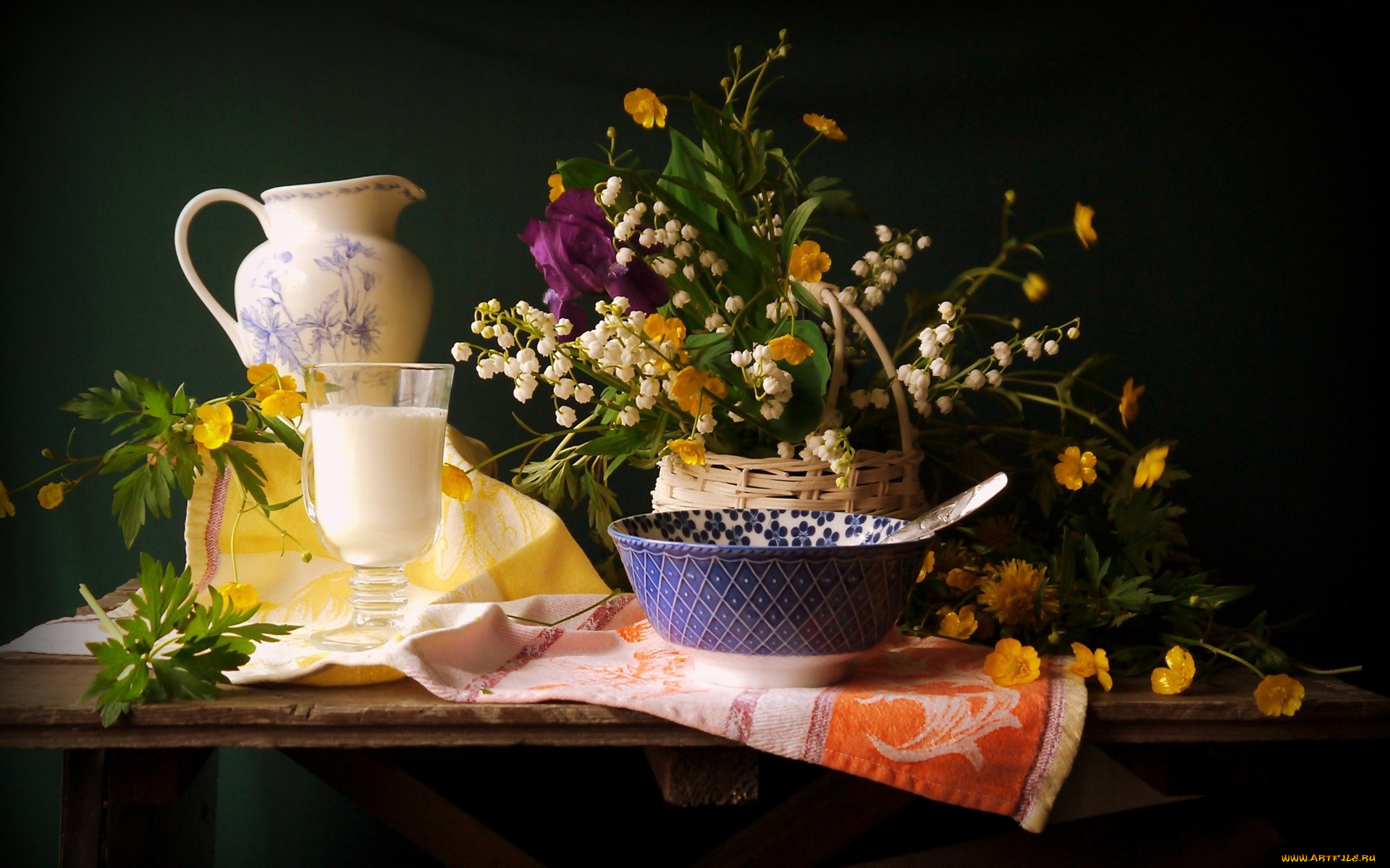 еда, натюрморт, кувшин, лютики, молоко, ландыши