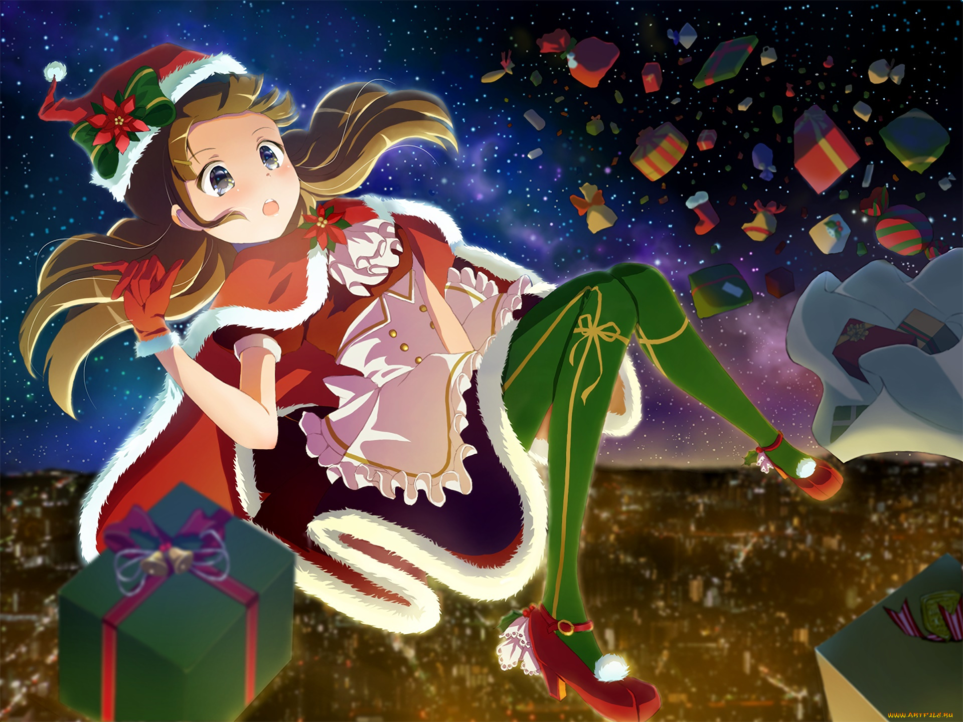 аниме, зима, , новый, год, , рождество, девушка, взгляд, фон