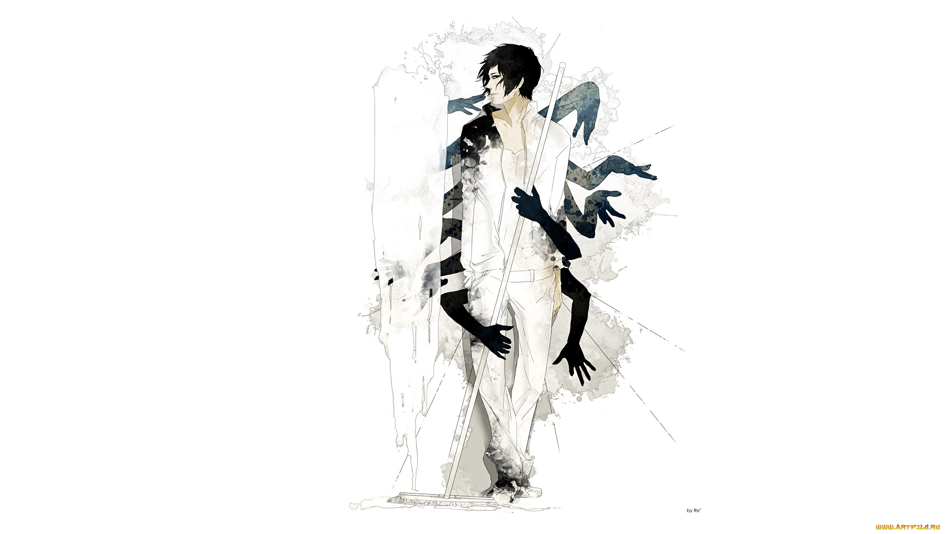 аниме, unknown, , другое, парень, швабра, руки