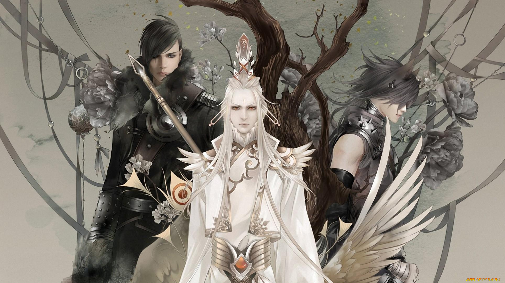 фэнтези, существа, крылья, дерево, парни, цветы