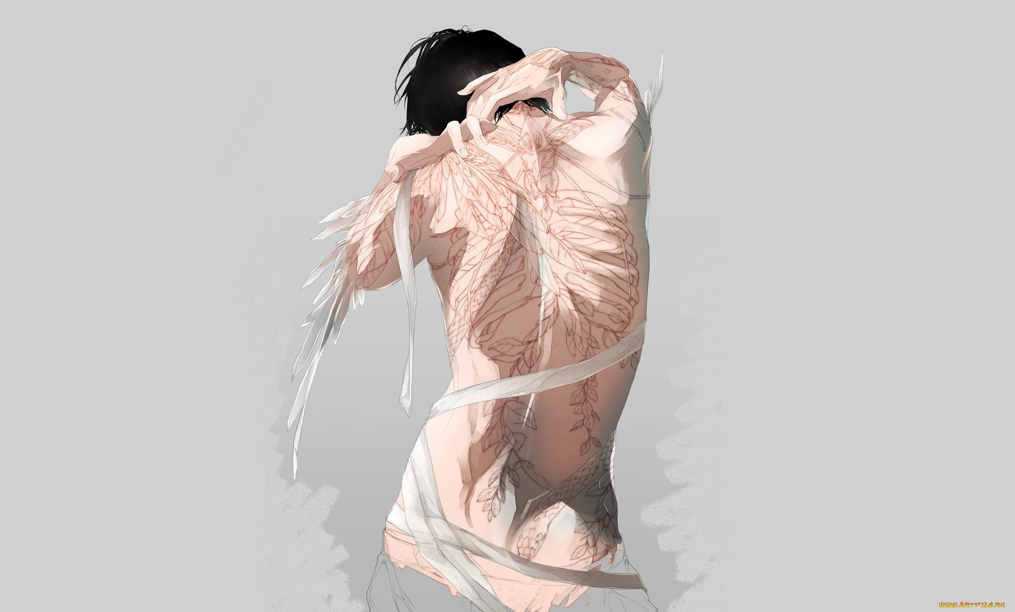 аниме, unknown, , другое, парень, спина, бинты, татуировка