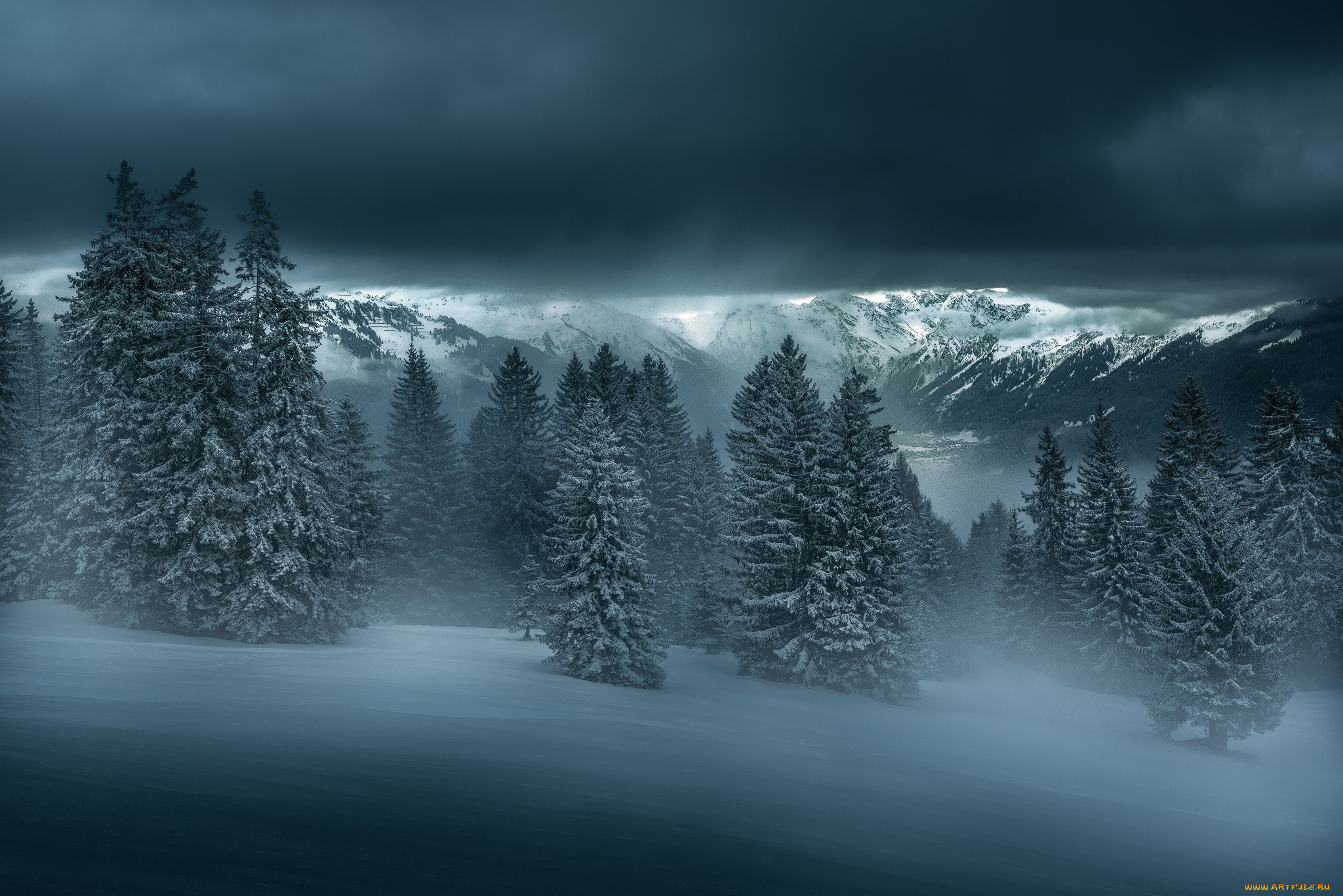 природа, зима, лес, снег, горы