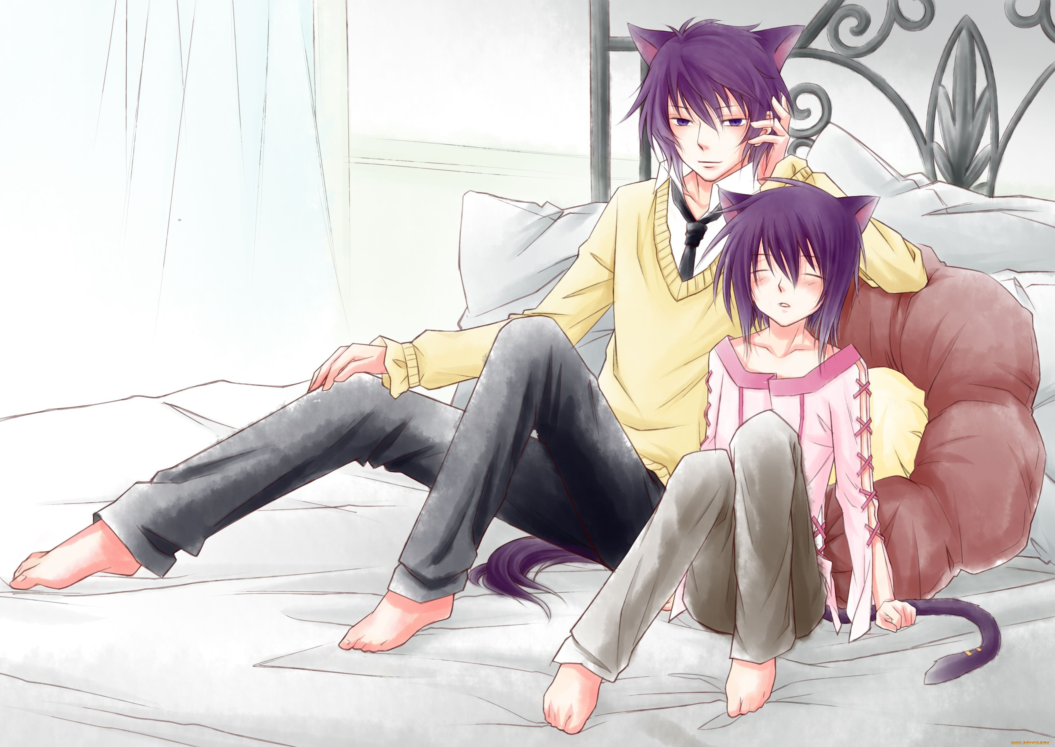 аниме, loveless, уши, хвост, подушки, кровать, ритцка, возлюбленный, братья, сеймэй, парни, нелюбимый