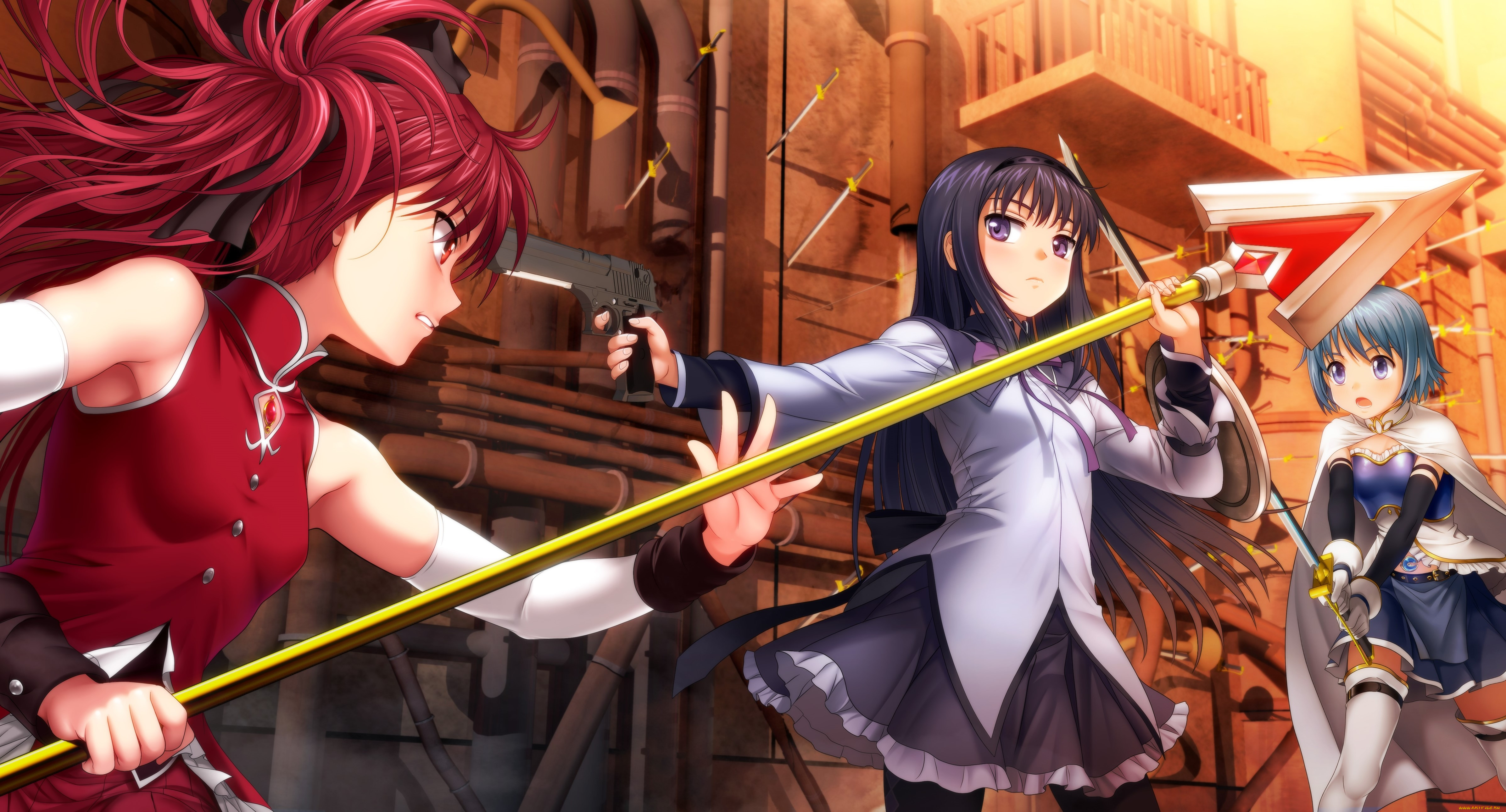 mahou, shoujo, madoka, magika, аниме, фон, взгляд, девушки