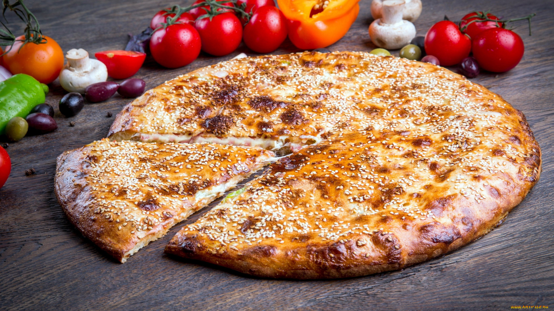 еда, пицца, кунжут, сыр, овощи, томаты, помидоры